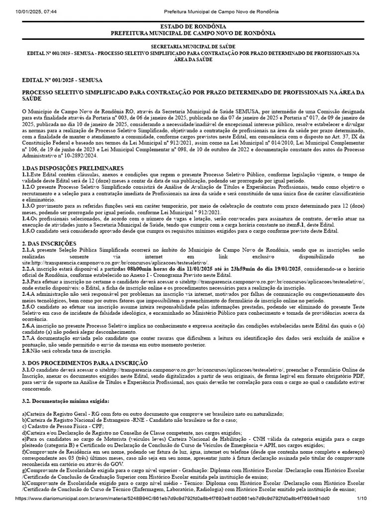 EDITAL No 001 2025 SEMUSA PROCESSO SELETIVO | PDF | Enfermagem