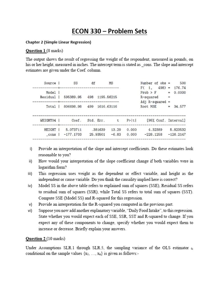 ECON 330 Problem Sets | PDF | Coefficient Of Determination | Regression ...