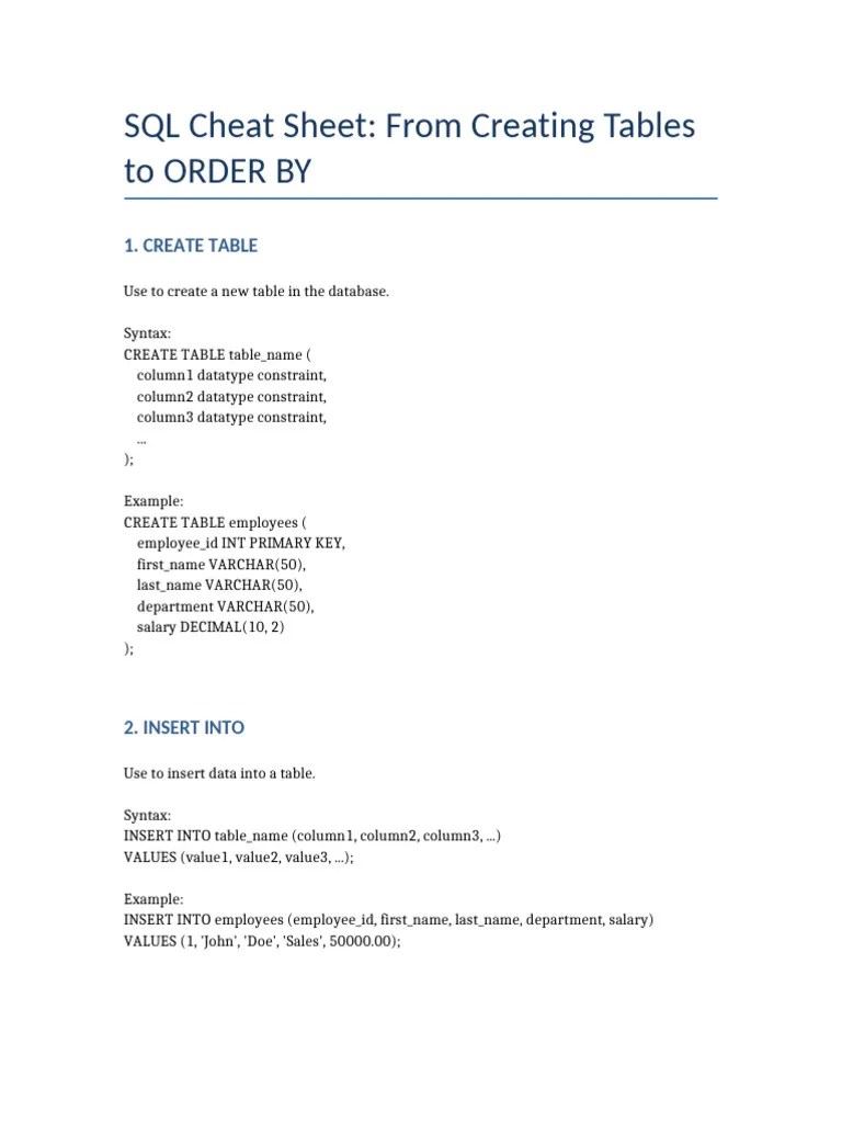 SQL_Cheat_Sheet | PDF | Data | Computing