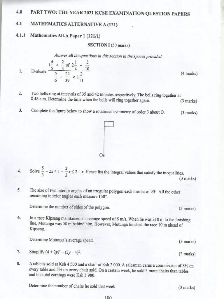 Kcse 2021 Maths Alt.a Pp1 Pp2 Questions | PDF