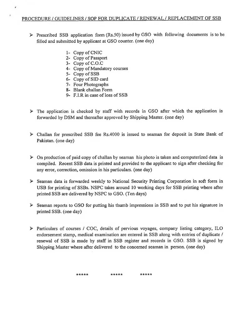 Procedure Guideliness Sop For Duplicate Renewal Replacement Of SSB ...