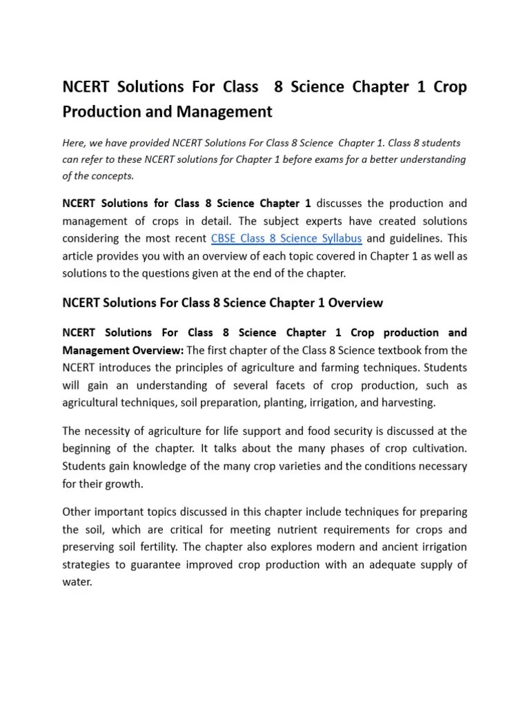 NCERT Solutions For Class 8 Science Chapter 1 Crop Production And Management | PDF | Manure | Soil