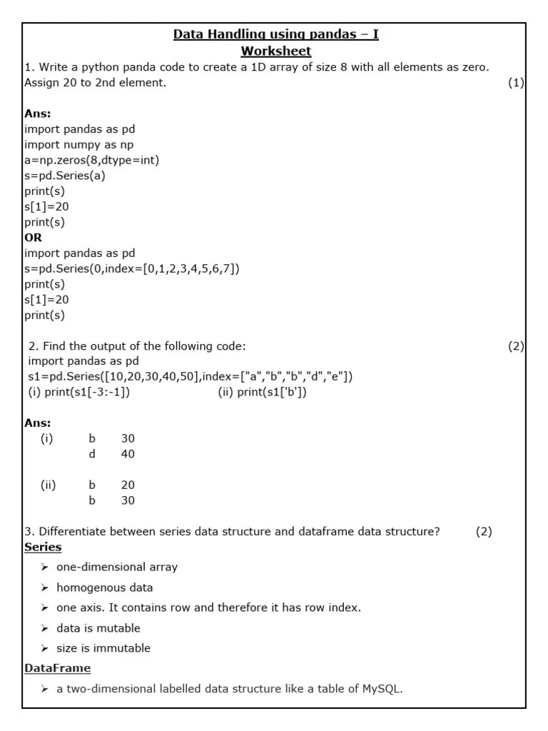 Data Handling Using Pandas - I Q & ANS | PDF | Computing | Computer ...