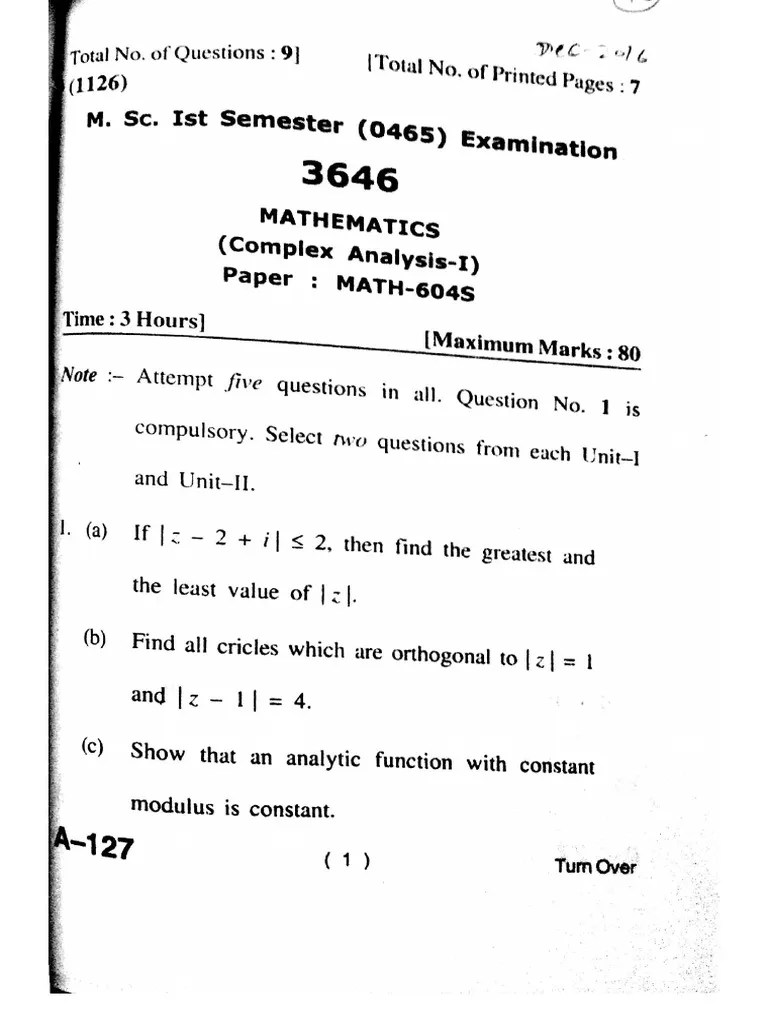 Complex Analysis MSC Math Mathematics 1st Sem Previous Year Question Paper 2016.120 | PDF
