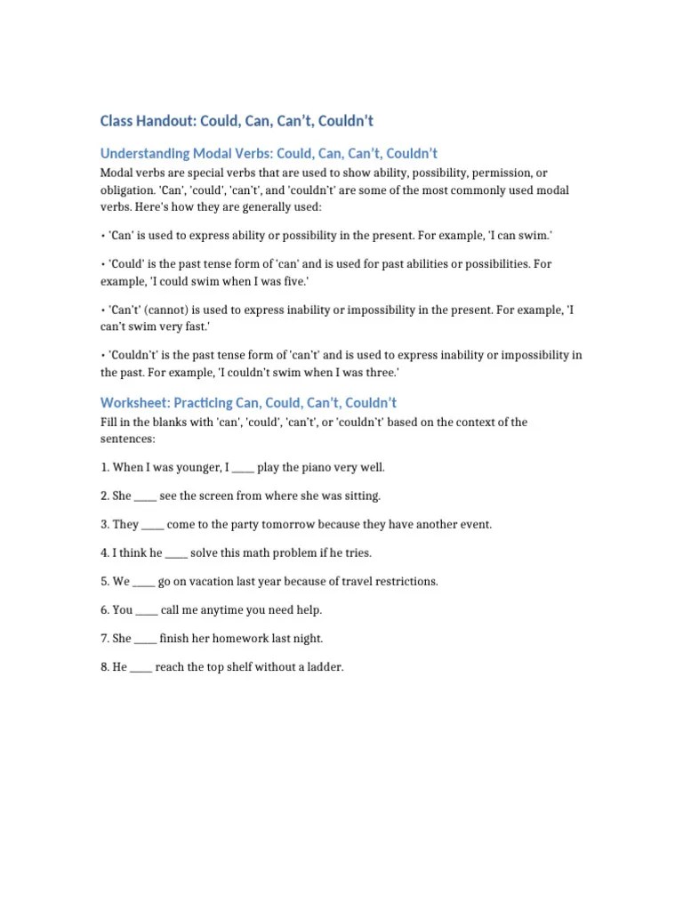 Modal Verbs Can Could Cant Couldnt Worksheet | PDF