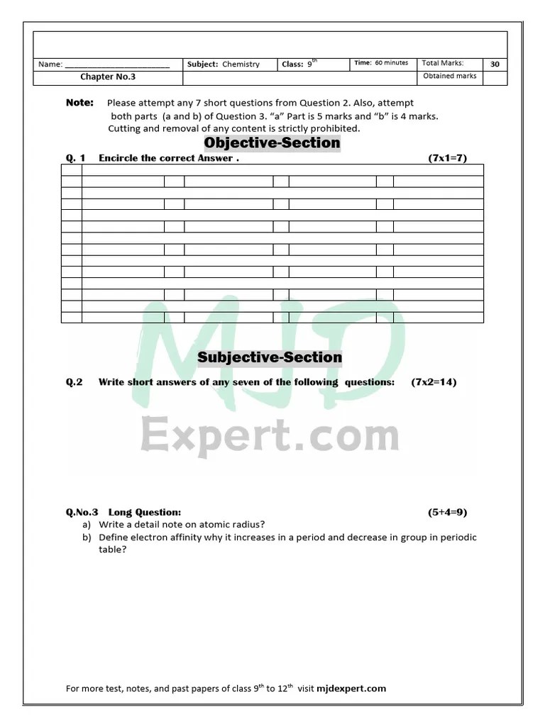 Ch3 9th Class Chemistry 30 Marks | PDF | Periodic Table | Sets Of ...