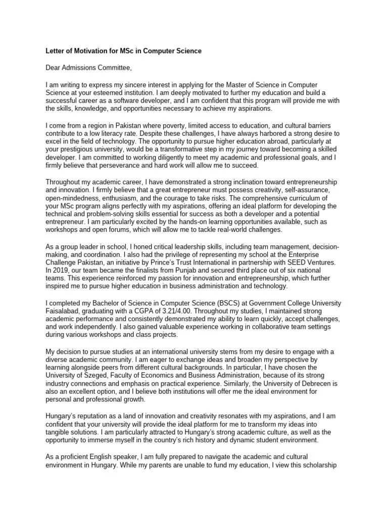 Letter Of Motivation For MSC In Computer Science | PDF ...