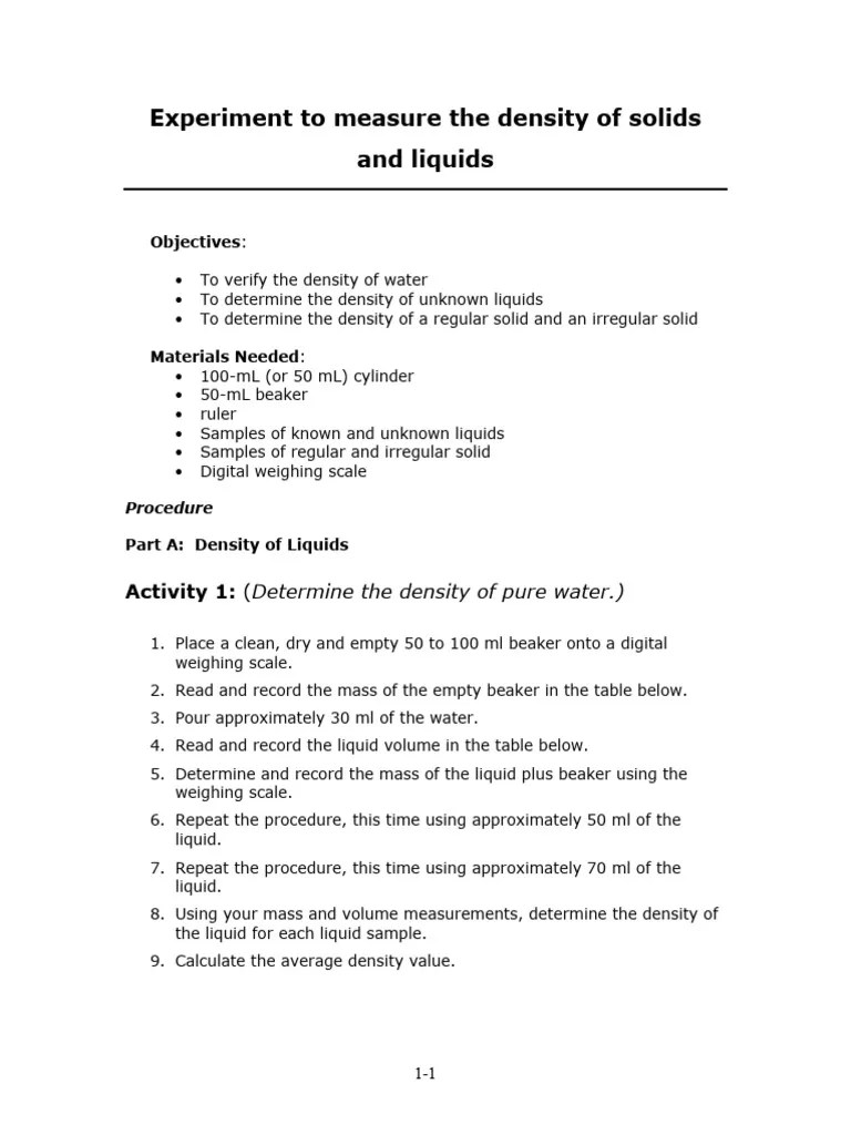 Density Experiments | PDF | Density | Volume