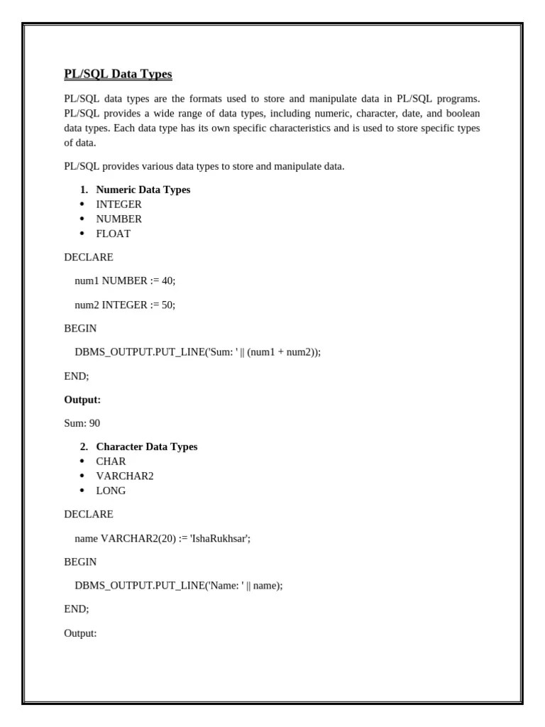 PlSQl DataTypes | PDF | Control Flow | Pl/Sql