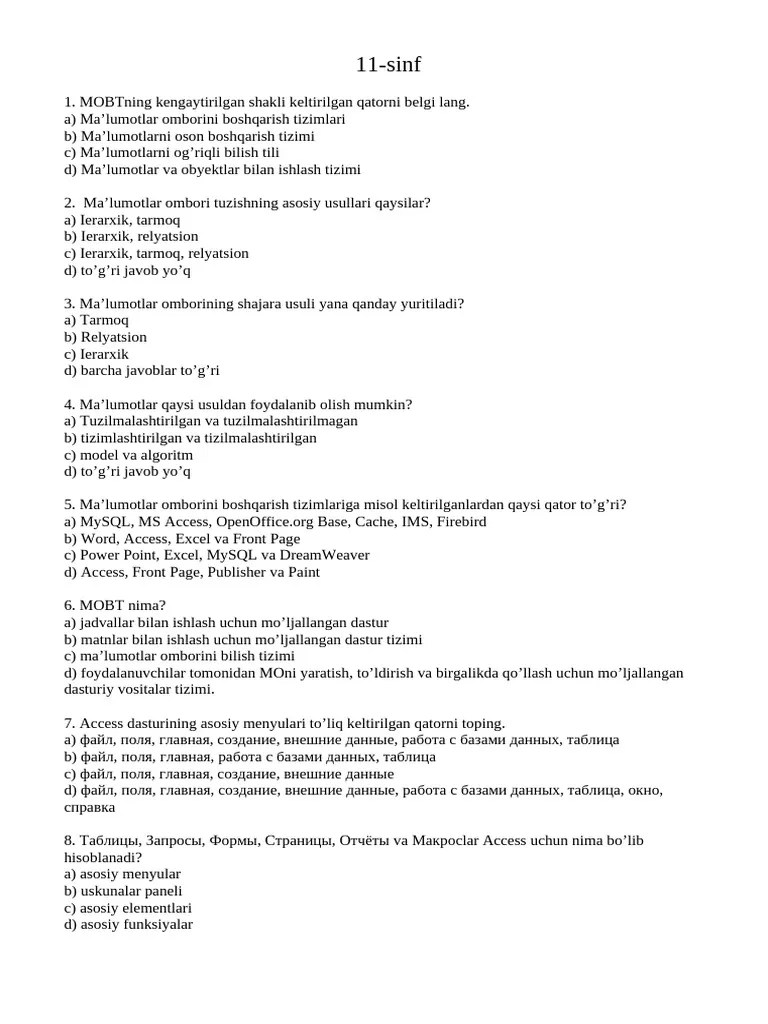 11-Sinf Informatika | PDF