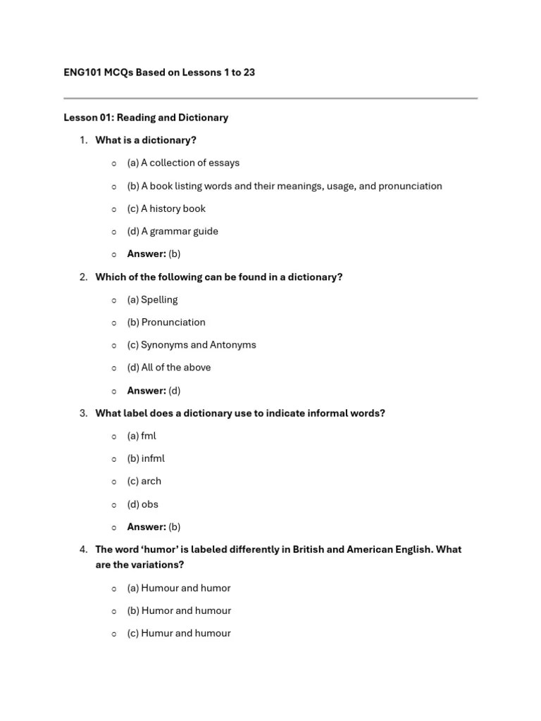 ENG101 MCQs 1 To 23 | PDF | Part Of Speech | Verb