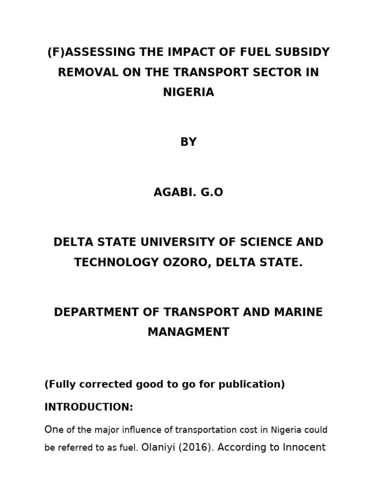 AASSESSING THE IMPACT OF FUEL SUBSIDY REMOVAL ON THE TRANSPORT SECTOR IN NIGERIA | PDF | Cost Of ...