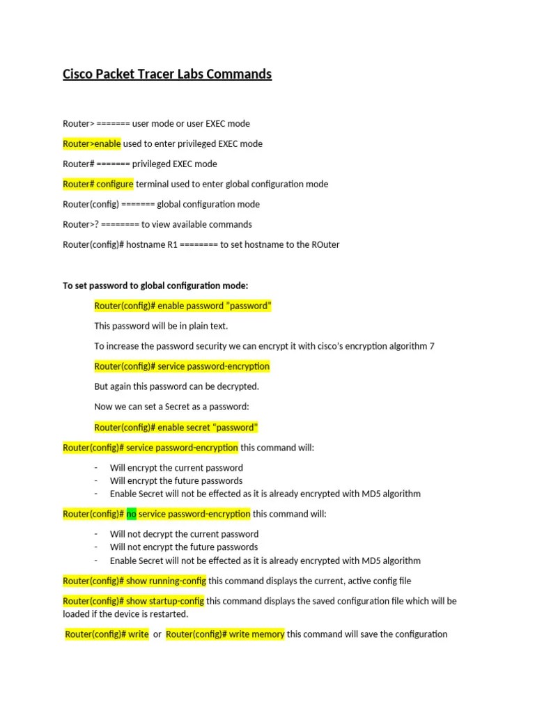 Cisco Packet Tracer Labs Commands 1 | PDF | Router (Computing) | Password