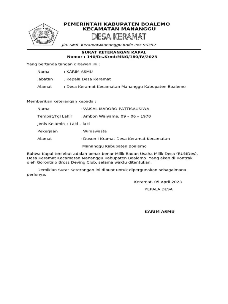 SURAT KETERANGAN Kapal | PDF