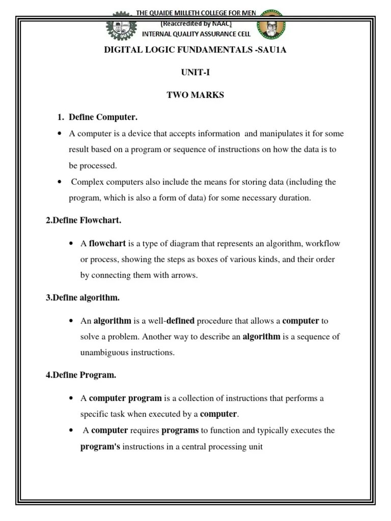 DIGITAL LOGIC FUNDAMENTALS - 2 Mark | PDF | Digital Electronics ...