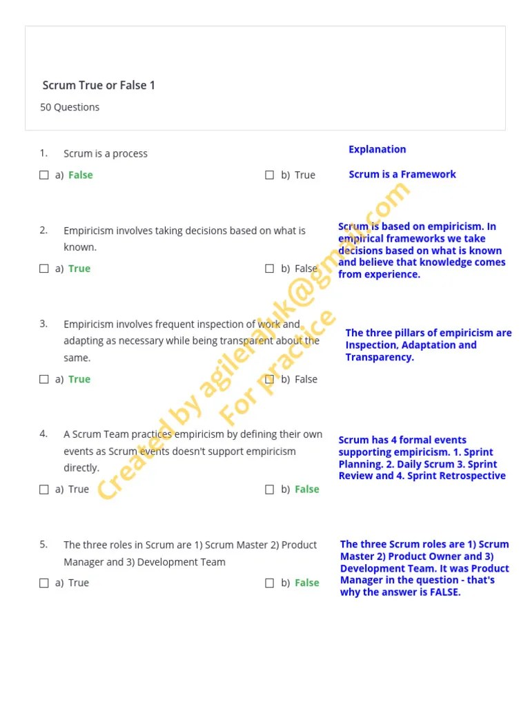 Scrum True Or False 1 _ 50Qs With Explanation | PDF | Scrum (Software ...