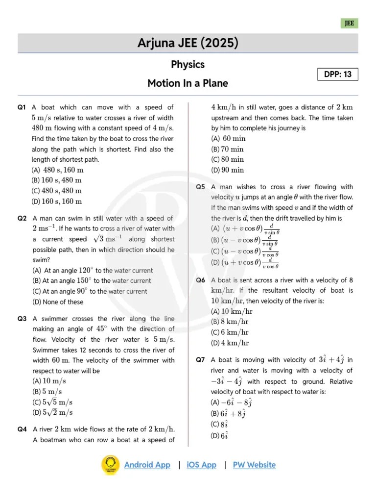 Motion In A Plane _ DPP 13 (of Lec 15) __ Arjuna JEE 2025 | PDF | Speed | Temporal Rates