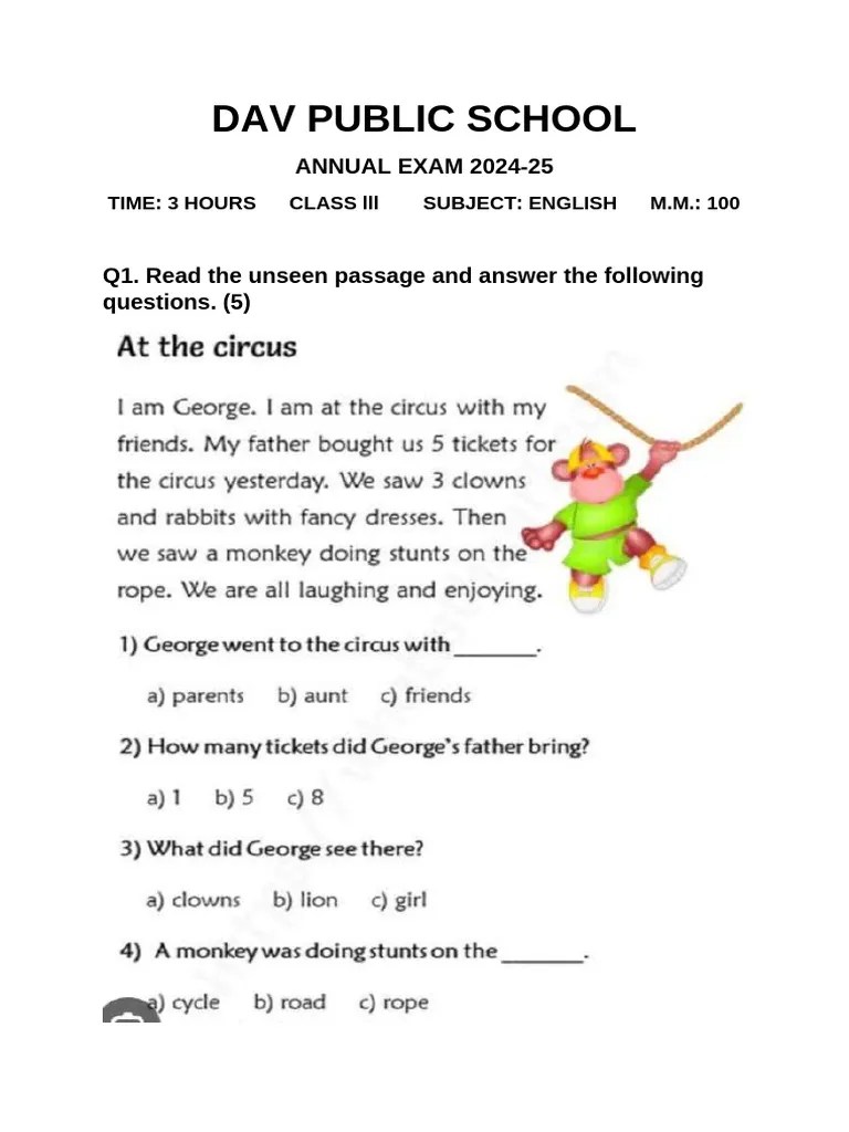 Class 3 English Question Paper | PDF