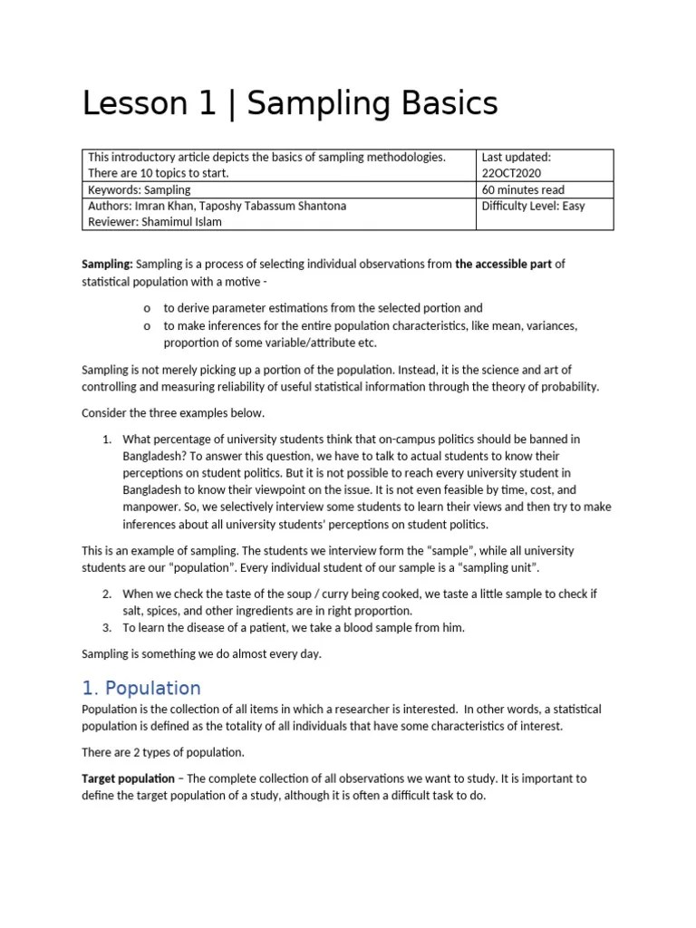 1 Sampling Basics Pdf Sampling Statistics Level Of Measurement