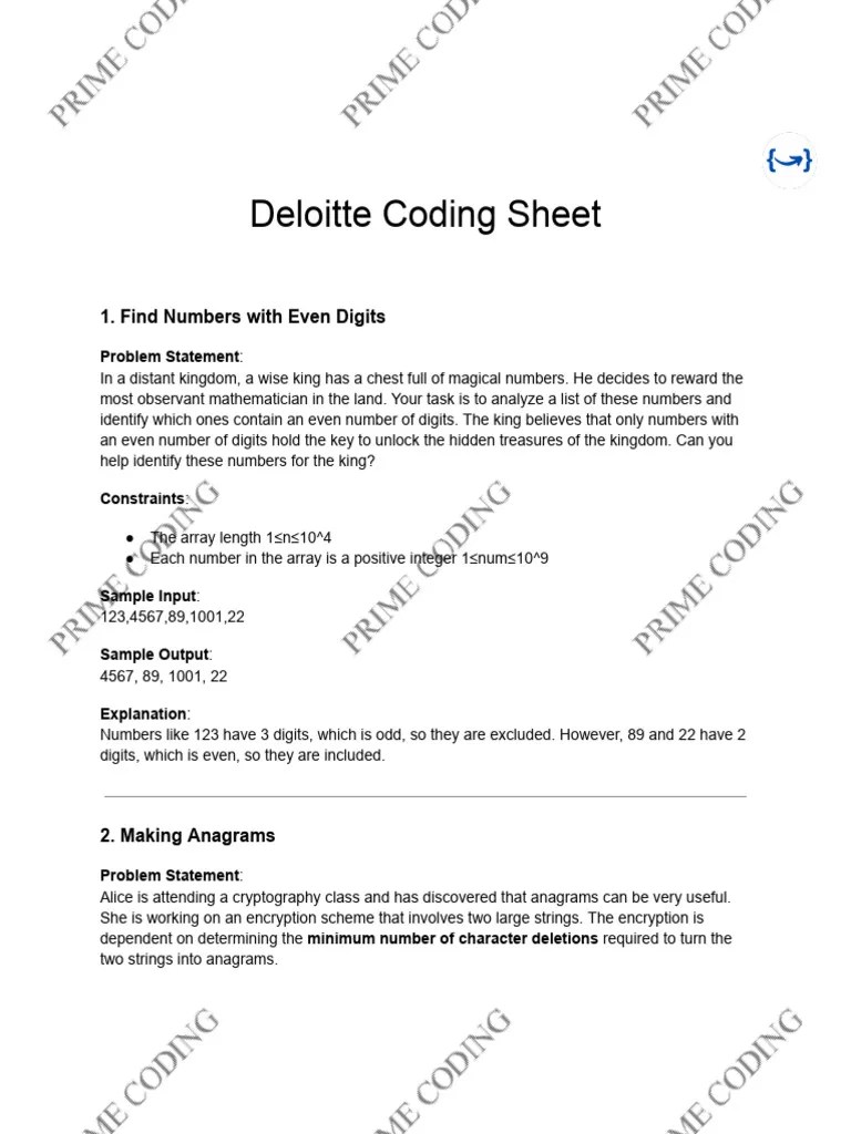 Deloitte Coding Sheet | PDF | String (Computer Science) | Numbers