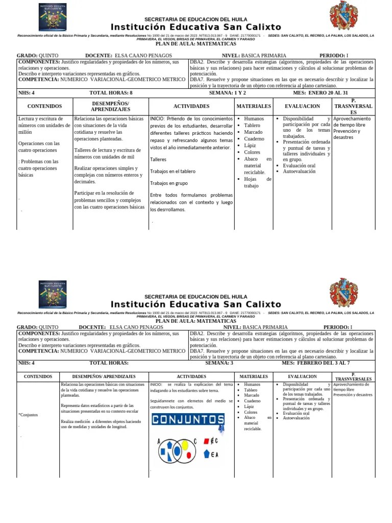 PLAN DE AULA MATEMATICAS Grado 5° 2024 Elsa (1) | PDF | Educación Primaria | Evaluación