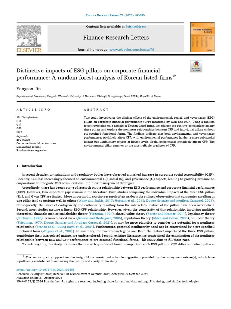 Esg Pillars Impact On Corporate Performance Pdf Linear Regression