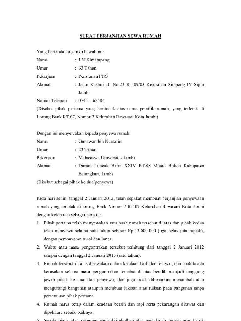 Surat perjanjian sewa rumah sederhana contoh surat perjanjian sewa rumah simple contoh surat perjanjian sewa rumah yang ringkas. Surat Perjanjian Sewa Rumah