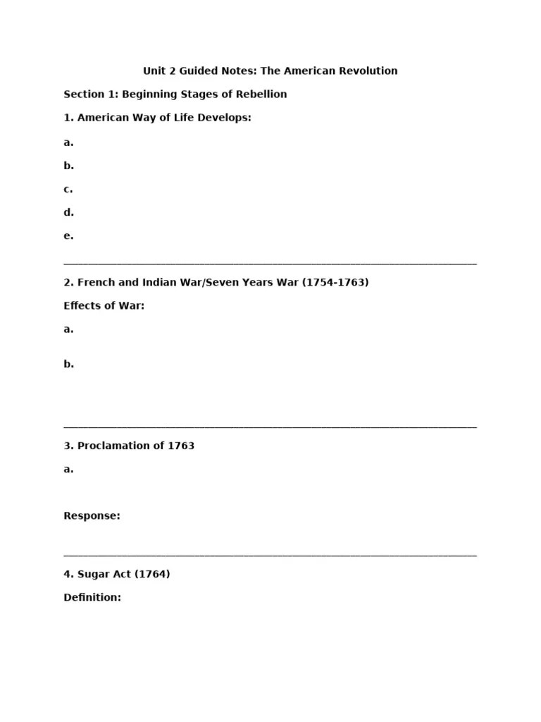 Unit 2 Guided Notes The American Revolution | PDF