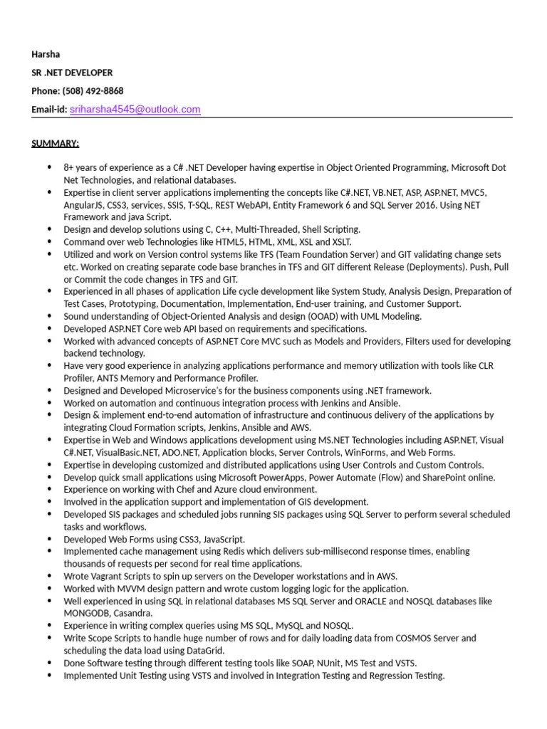 Harsha_Sr .Net Developer | PDF | Microsoft Sql Server | Entity Framework