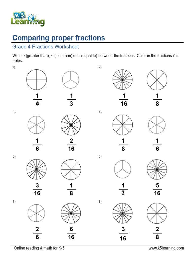 Grade 4 Fractions Worksheet - Comparing Proper Fractions 2 | PDF