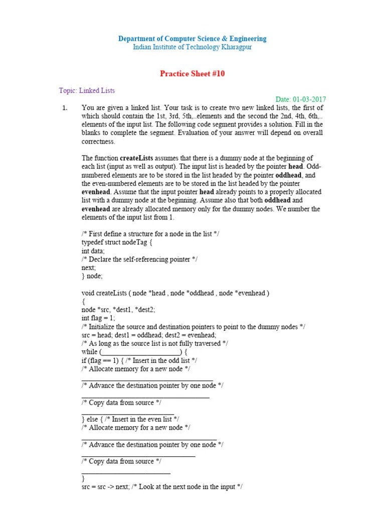 Practice-10 Linked Lists | PDF | Pointer (Computer Programming ...