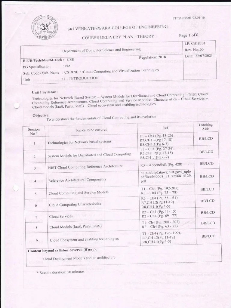 CS18701 Cloud Computing Virtualization Techniques Lesson Plan | PDF