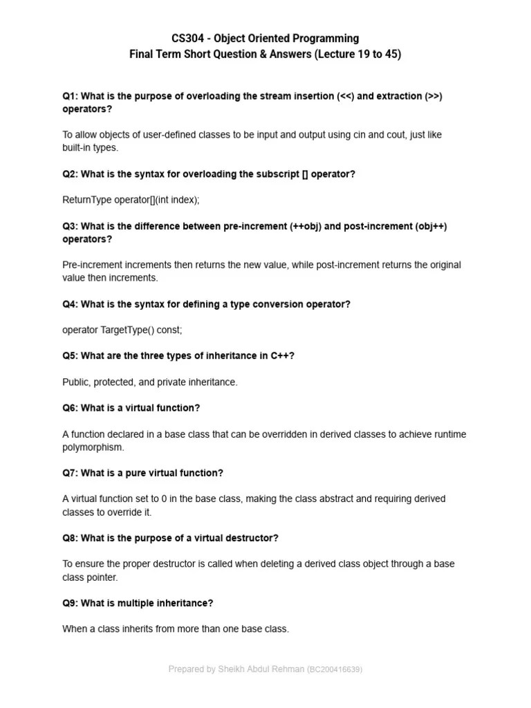CS304 - Object Oriented Programming Final Term Short Question & Answers ...