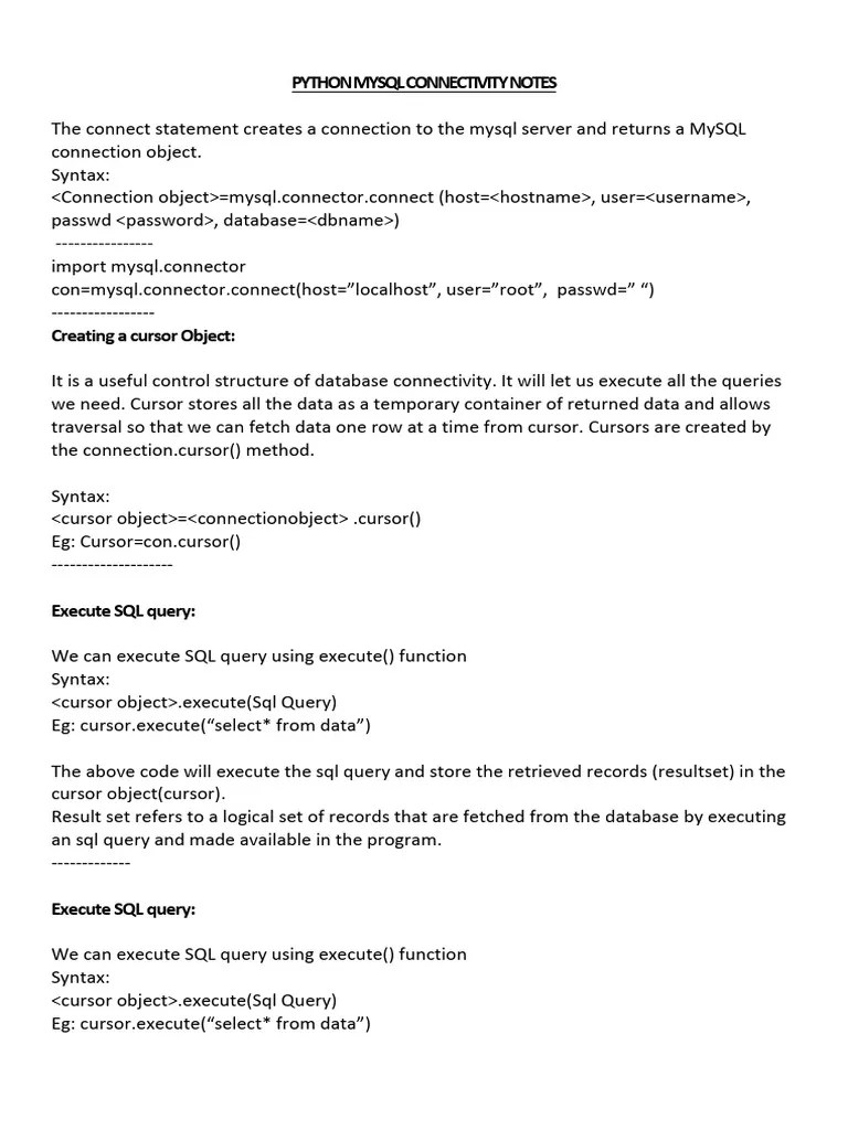 Python MySQL Connectivity Notes | PDF | Sql | Databases