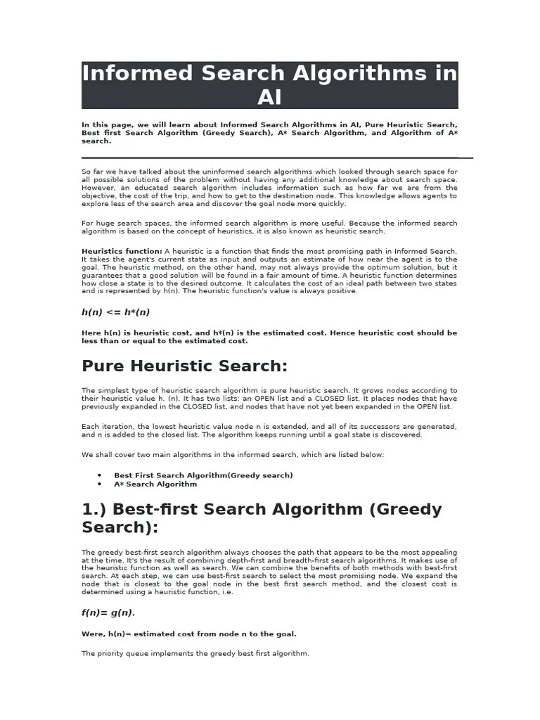 Informed Search Algorithms In AI | PDF | Algorithms And Data Structures ...