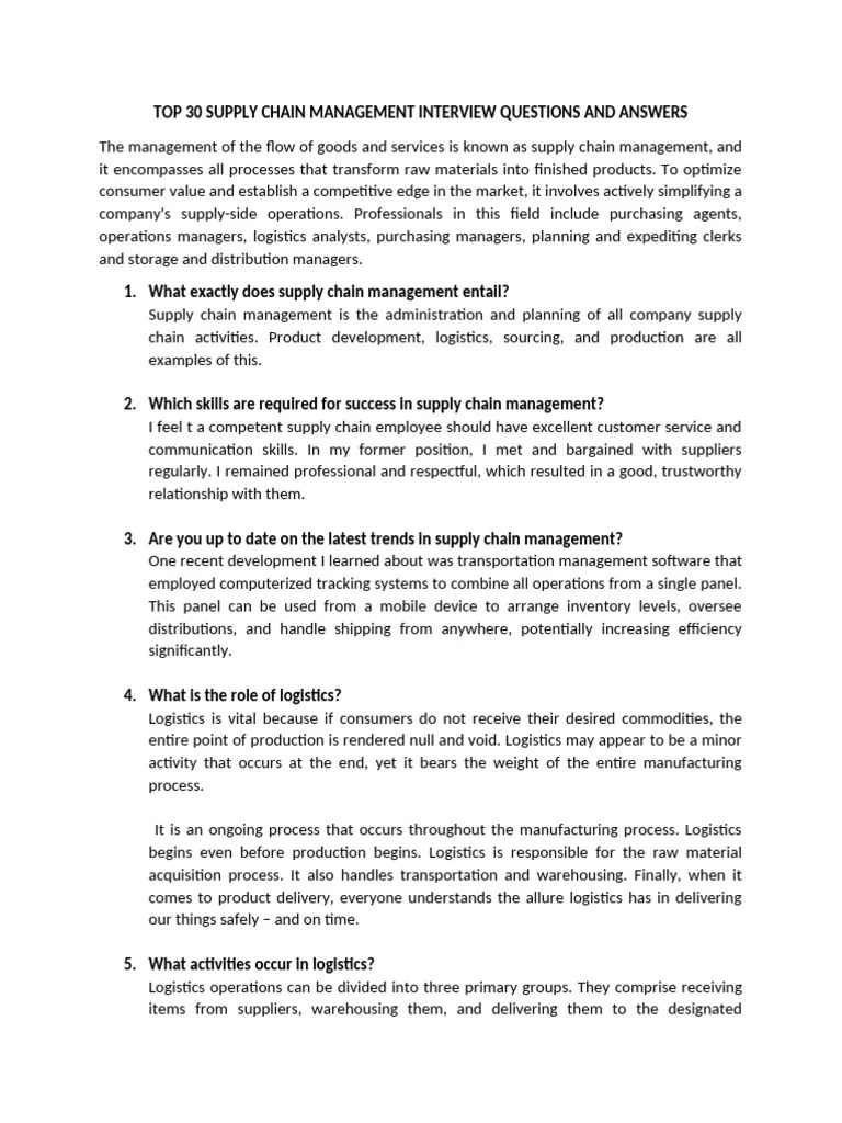 Top 30 Supply Chain Management Interview Questions And Answers - Edited | PDF | Logistics ...