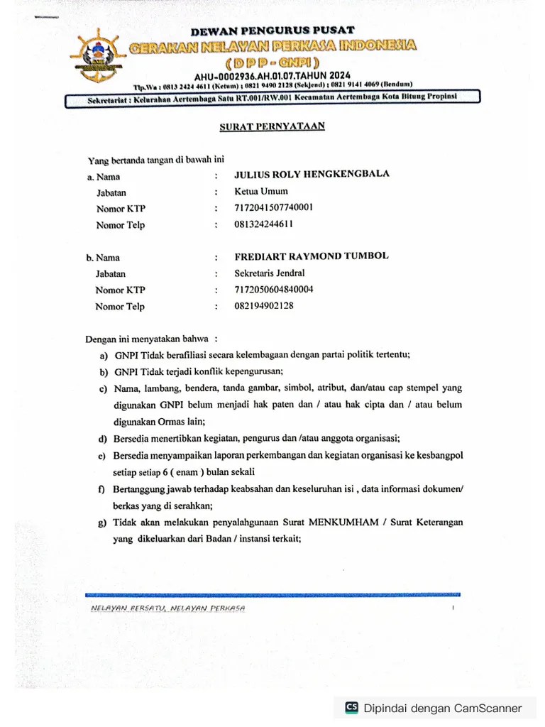 SURAT PERNYATAAN PENGURUS GNPI Ke KESBANGPOL Scan | PDF