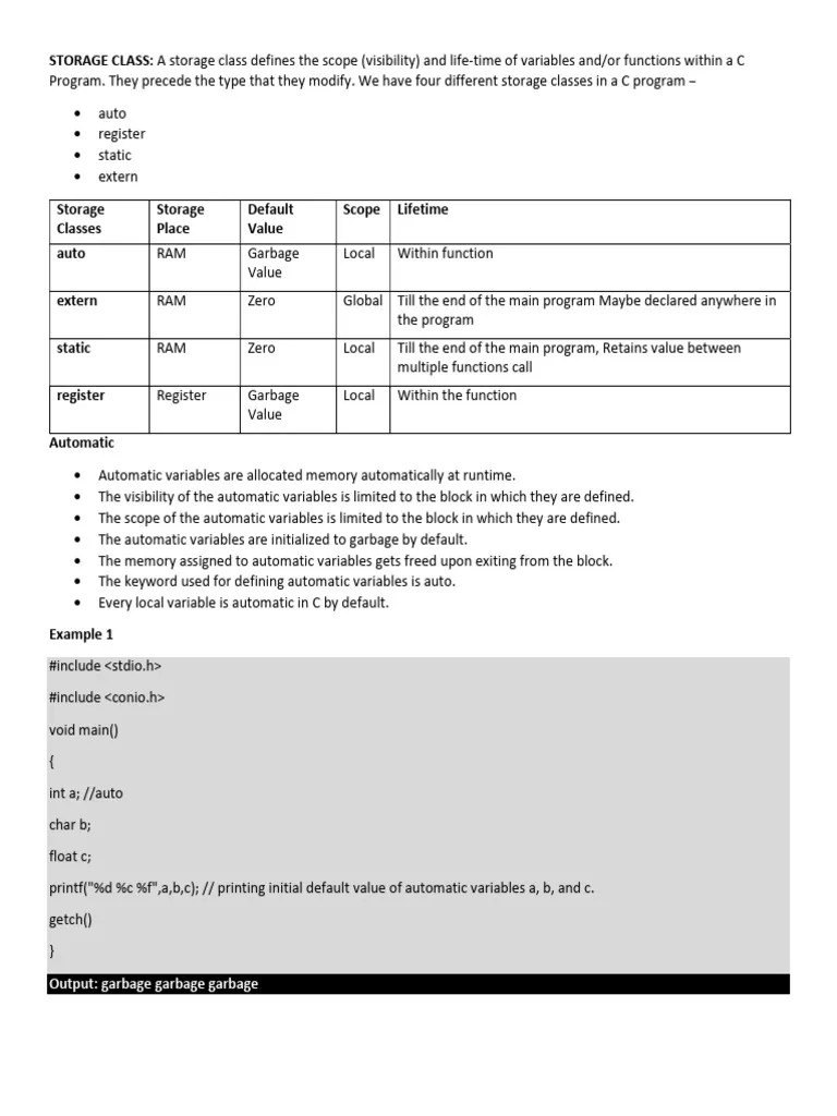 STORAGE CLASS | PDF | Variable (Computer Science) | Scope (Computer ...
