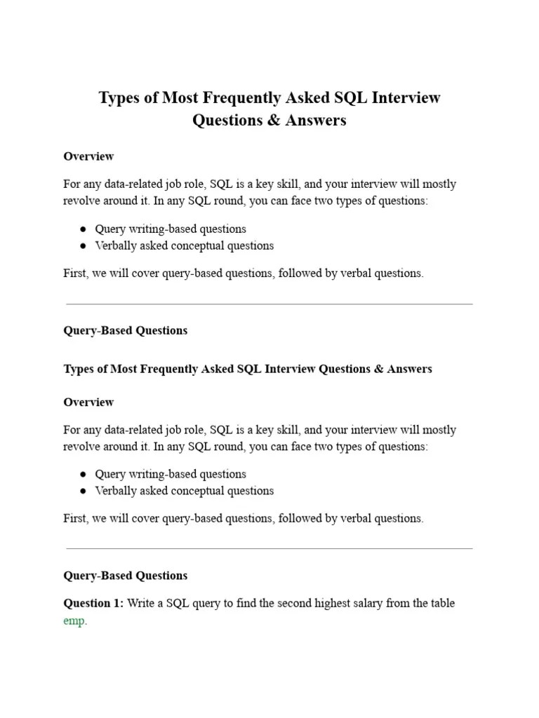 Types Of Most Frequently Asked SQL Interview Questions & Answers | PDF ...