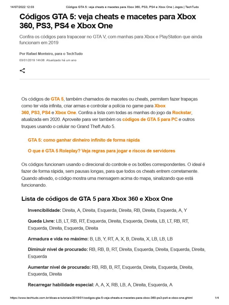 C Digos GTA 5 Veja Cheats E Macetes Para Xbox 360 PS3 PS4 E Xbox 1