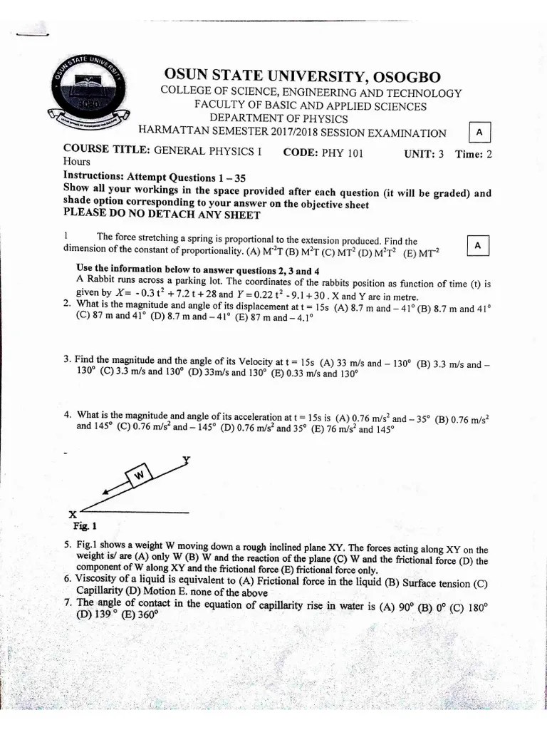 PHY101 2017_2018 Exam Questions 4 100lvl | PDF