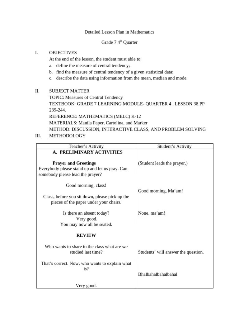 Detailed Lesson Plan In Mathematics | PDF | Arithmetic Mean | Average