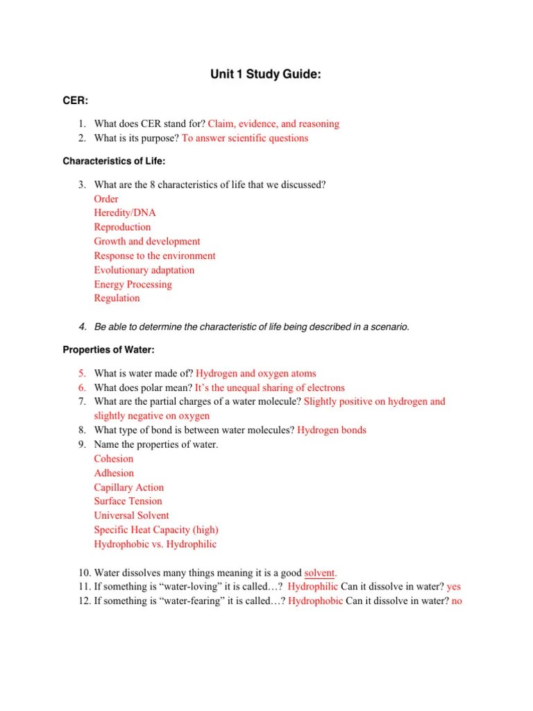 Unit+1+Study+Guide+%286250%29+-+Answer+Key | PDF