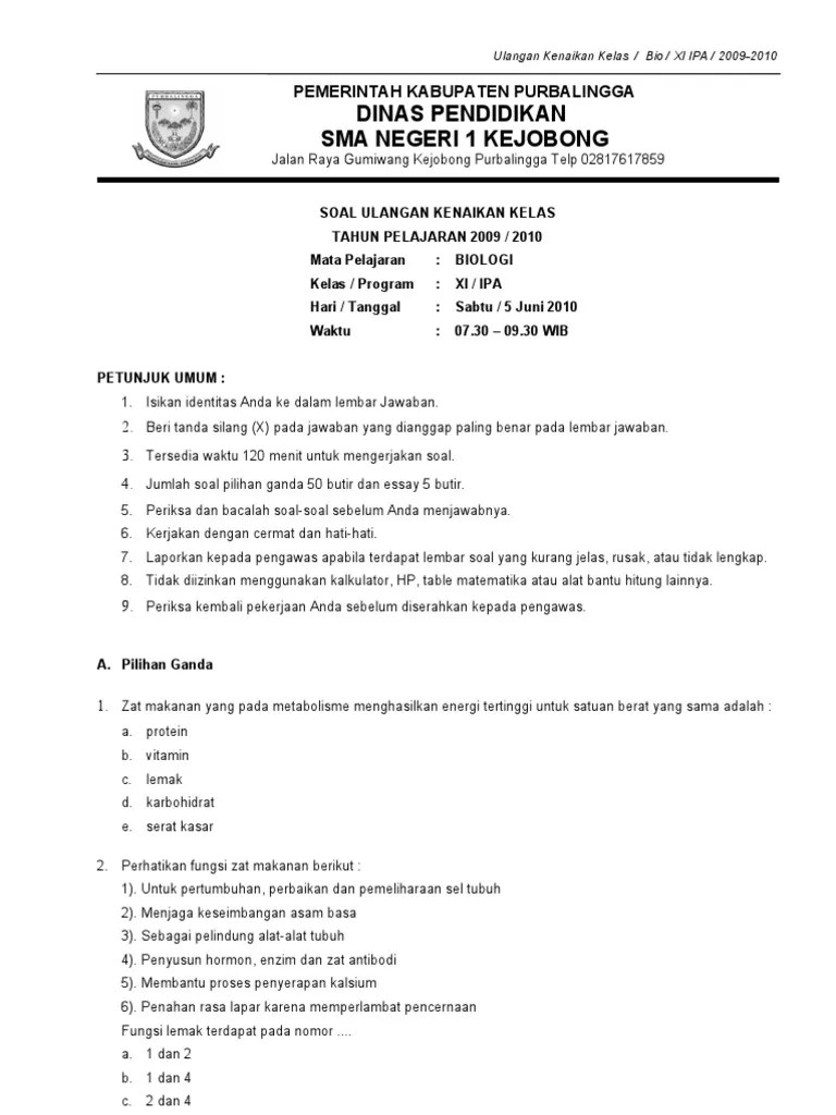 Soal uas biologi buatan guru di man sampit belum pernah dianalisis, baik secara. Soal Uas Biologi Kelas Xi Sma Pdf