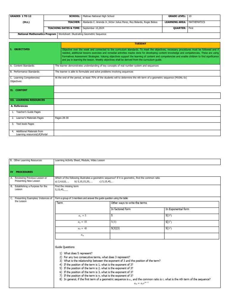 Lesson Plan NTH Term Of A Geometric Sequence | PDF | Exponentiation | Learning