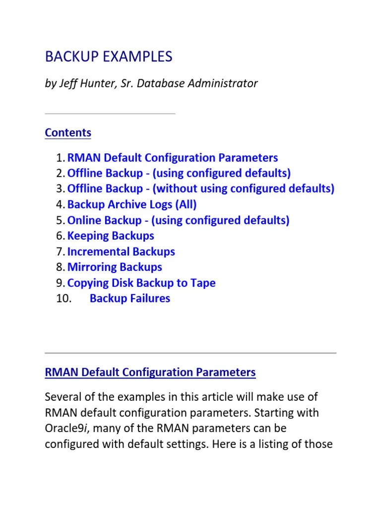 RMAN BACKUP EXAMPLES | PDF | Backup | Information Technology