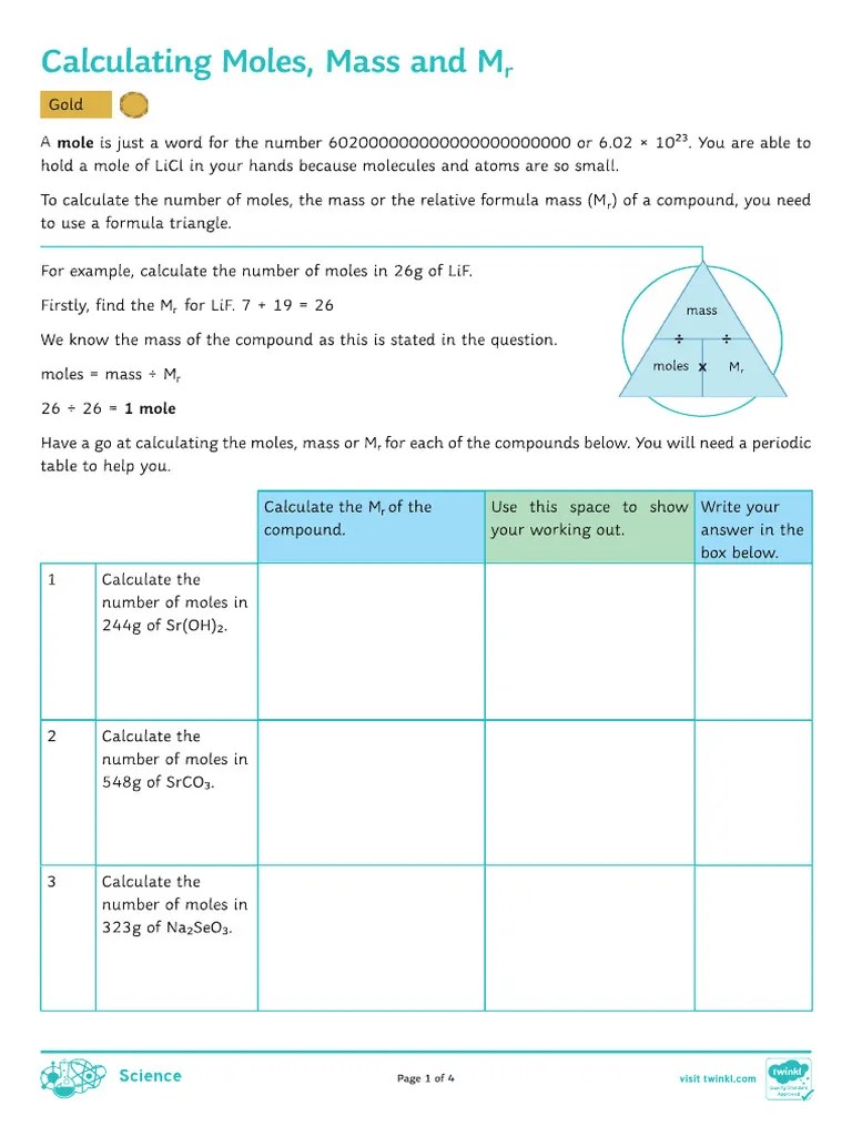 Calculating Moles Mass And MR Gold Activity Sheet - 1 | PDF
