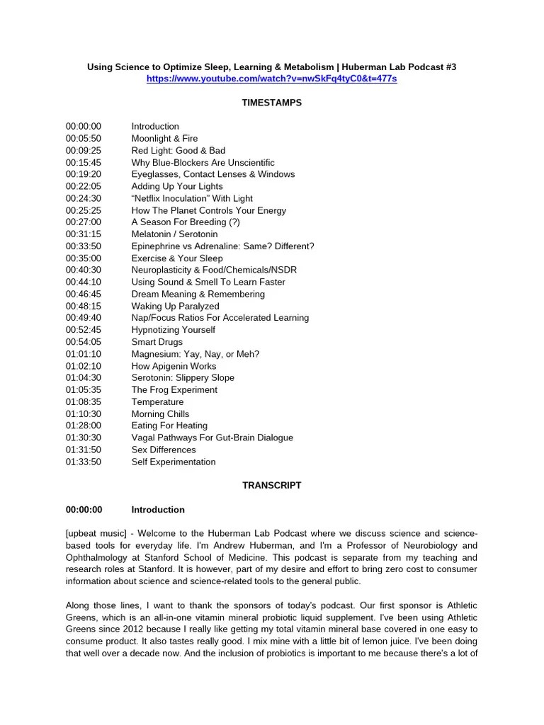 03. Using Science To Optimize Sleep, Learning & Metabolism_AndrewHuberman | PDF | Sleep | Night