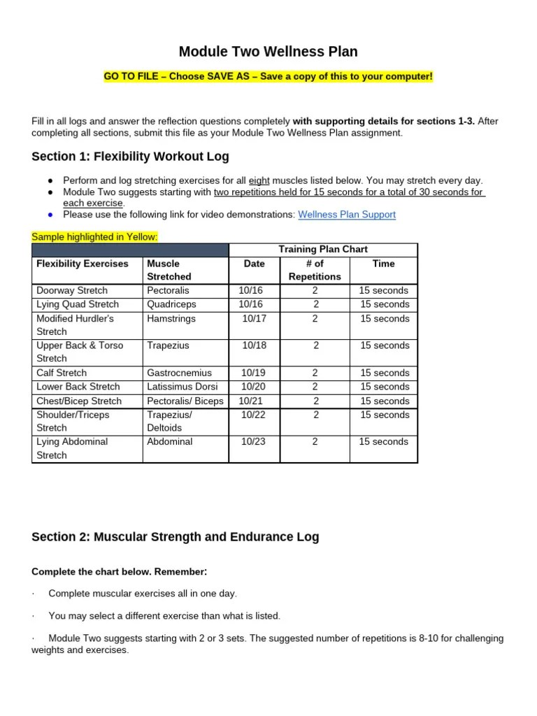 Module 2 Wellness Plan Pdf Flexibility Anatomy Strength Training