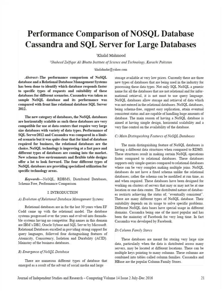 Performance Comparison Of NOSQL Database Cassandra | PDF | Databases ...